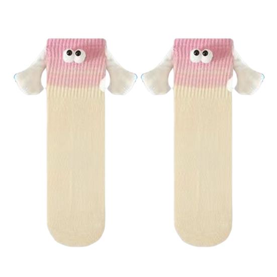 1 Pair Christmas Couple Socks Magnetic Hands Cartoon Deer Snowman Design Long Socks Soft Breathable Xmas Socks