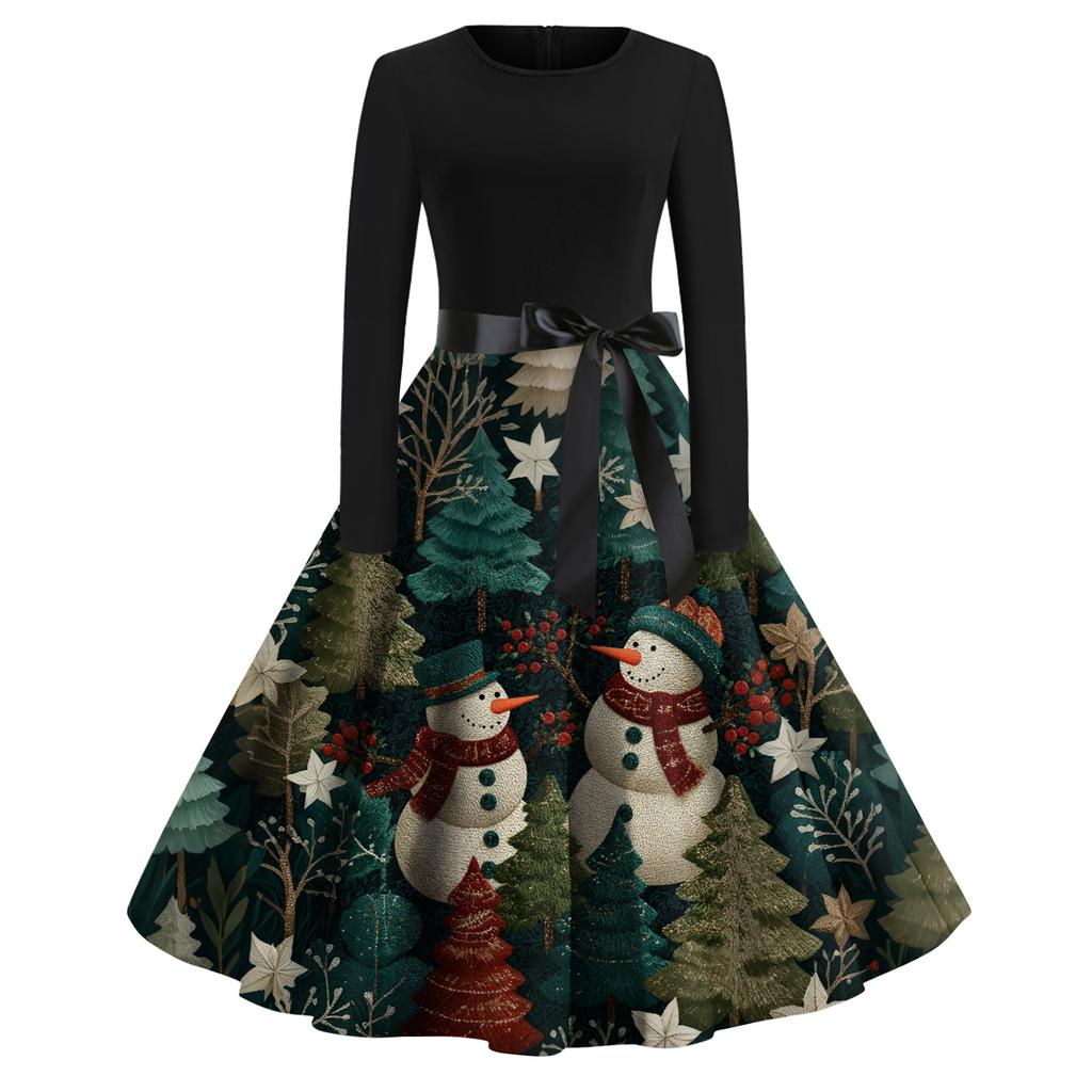 Women's Fashion Round Casual Slim Fit Christmas Print Large Swing Long Sleeve Dress