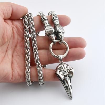 1pc Viking Crow Head Dragon Chain Necklace - Nordic Mythology Skull Pendant with Viking Compass - Men's Amulet Jewelry