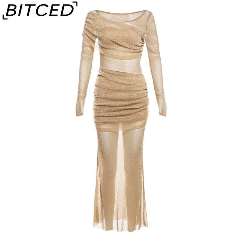 

BITCED Осеннее женское однотонное облегающее платье-сетка модной длины с высоким поясом и О-образным вырезом и длинными рукавами L хаки