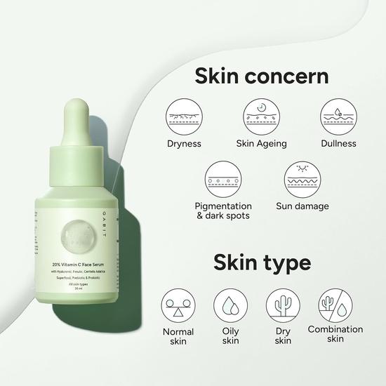 Gabit 20% Vitamin C Face Serum for Glowing Skin | Brightening Serum for Dark Spots, Dull Skin, Tanned Skin  |30 Ml