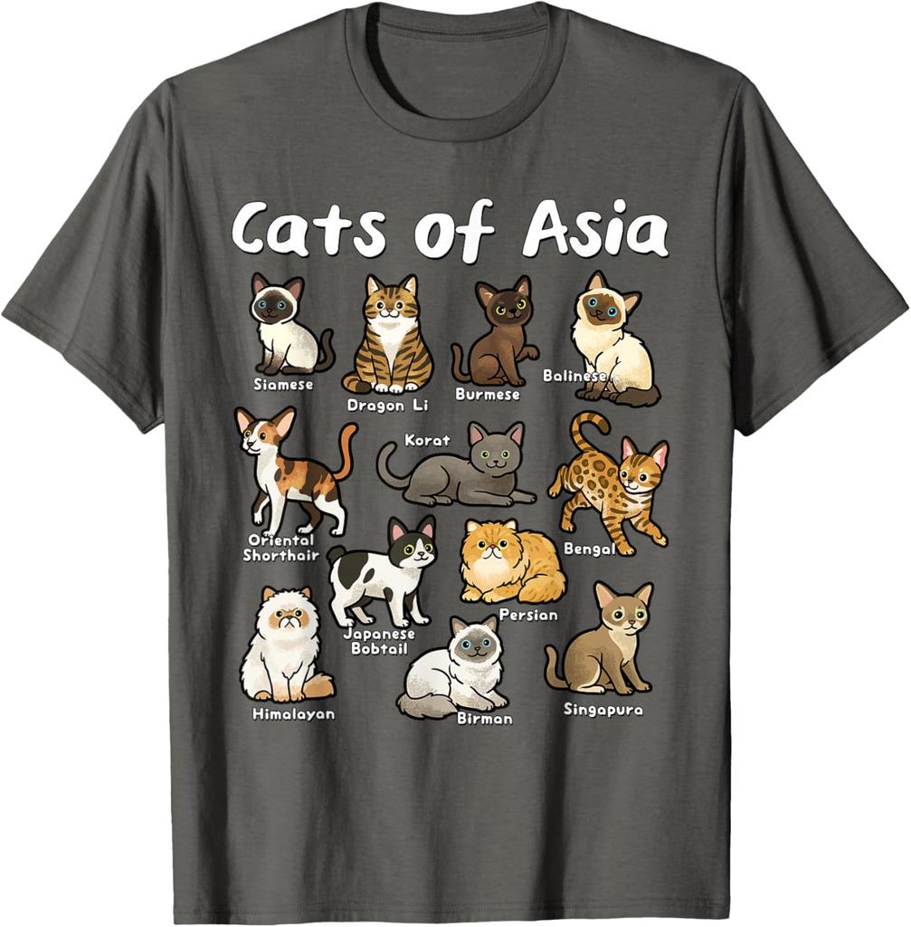 Cats of Asia Breeds Graphic Tee Casual Cotton Short Sleeve T-Shirt for Men Trip