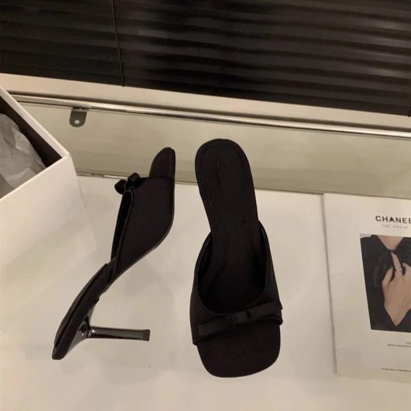 Fashion Slipper Mules Low High Heels Shoes Summer Solid Color Females Square Head Open Toe Bow Strappy Sandals Women Heeled Slipper