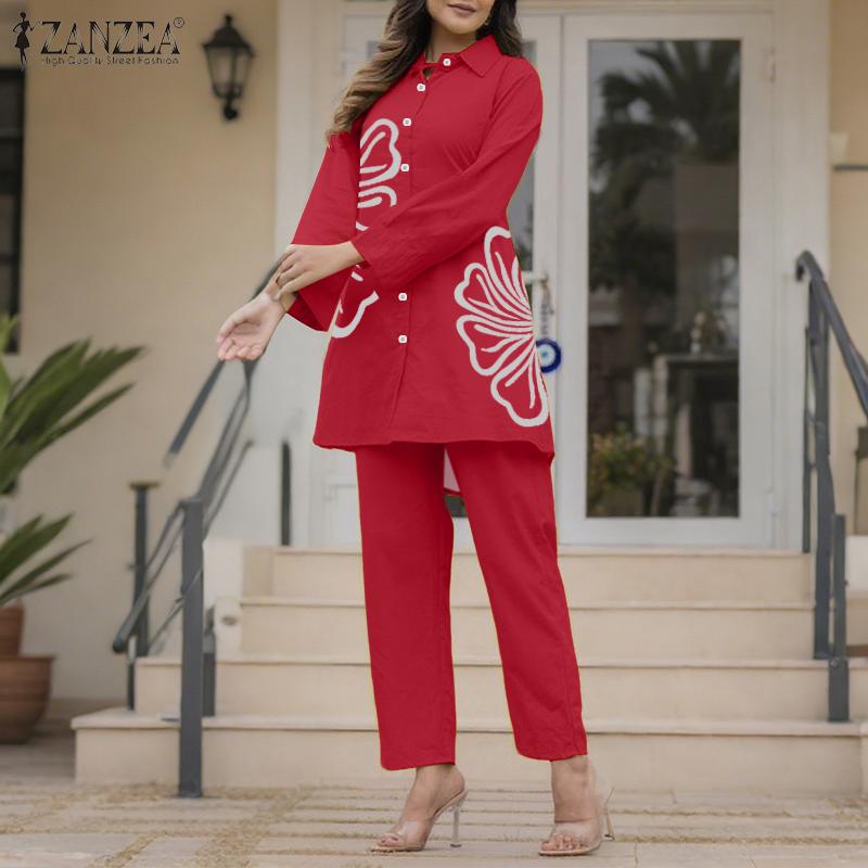 ZANZEA Women Long Sleeve Print Blouse and Pants Casual Two Piece Suit Sets