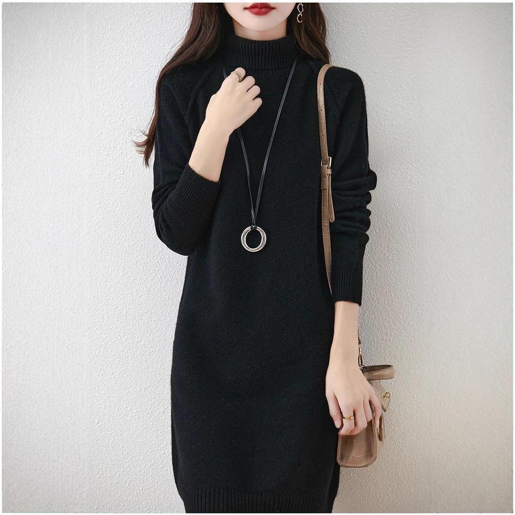 Women's Plus Size High Neck Knit Sweater Dress - Mid-Length, Loose Fit, Fashionable Style