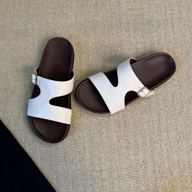 

Cowhide version~ niche round head thick-soled one-word slippers for women to wear 2025 summer beach casual flat-bottomed cool slippers 40 белый