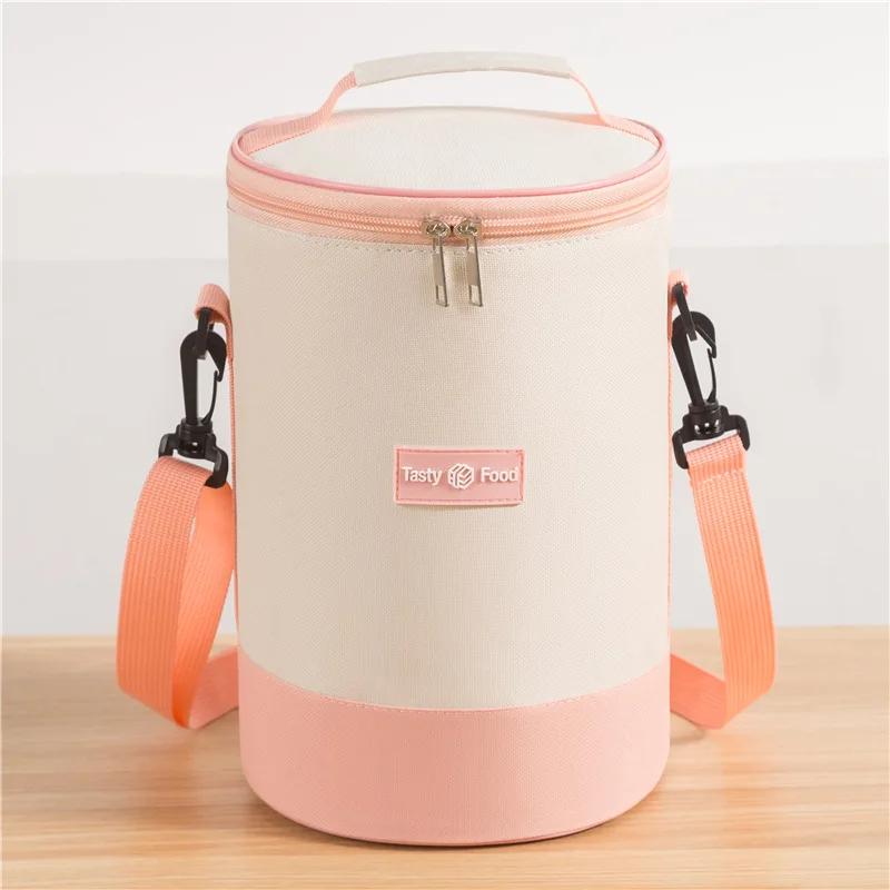Large Capacity Portable Lunch Bag Fresh-Keeping Cylindrical Insulated Lunch Box Tote Round Aluminum Foil Food Thermal Cooler Bag