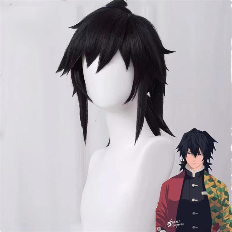Tomioka Giyuu Cosplay Wig Cosplay Black Pigtail Heat Resistant Synthetic Hair Anime Wigs + Wig Cap