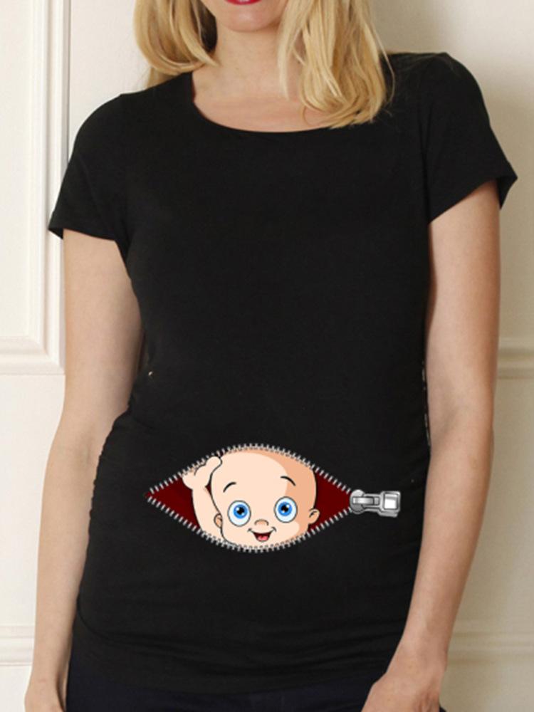 Black Pregnancy Women Unisex T-Shirt Maternity Cute Baby Print O-Neck Short Sleeve