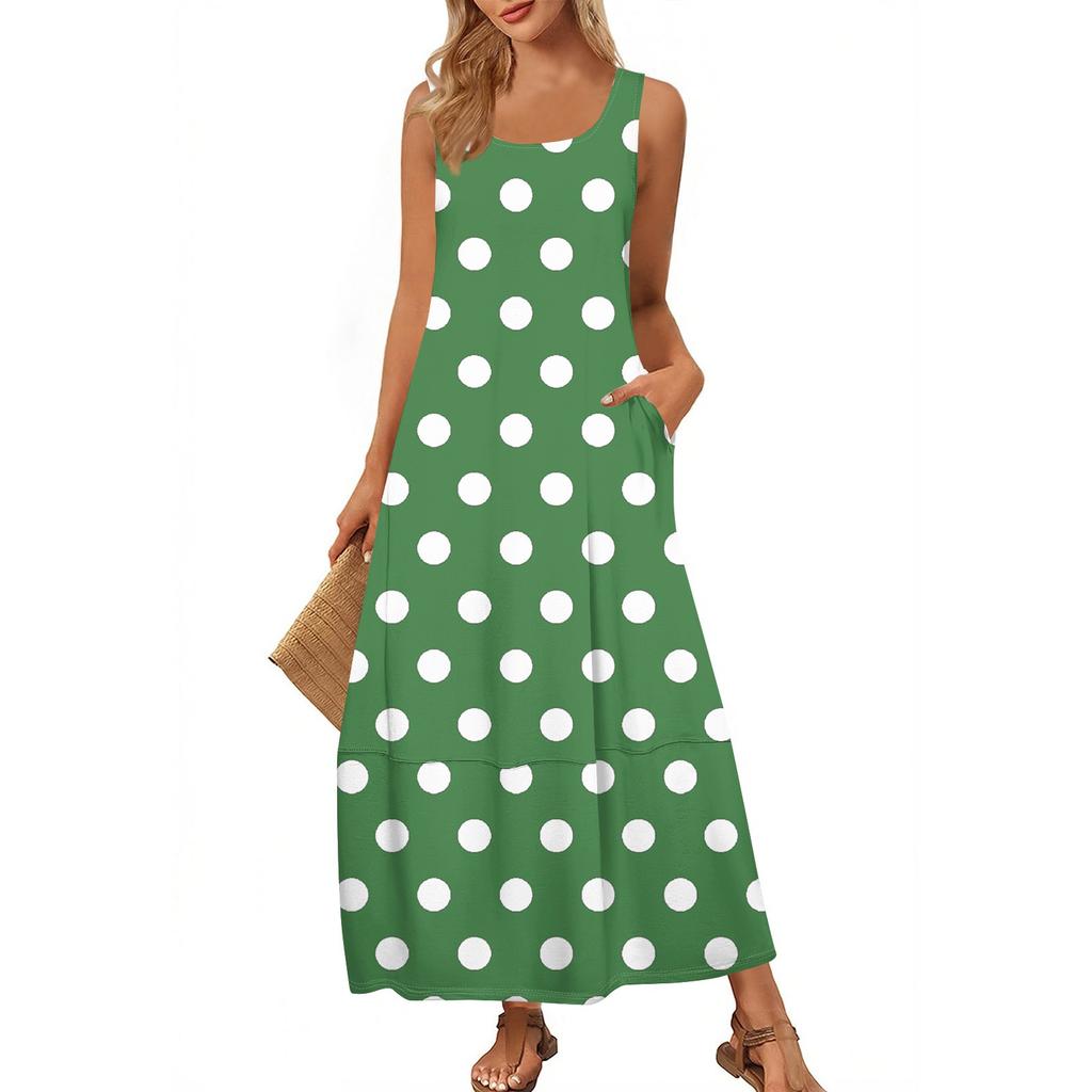 Women's Fashion Casual Sundress Summer Beach Dress Round Neck Sleeveless Loose Print Sundress
