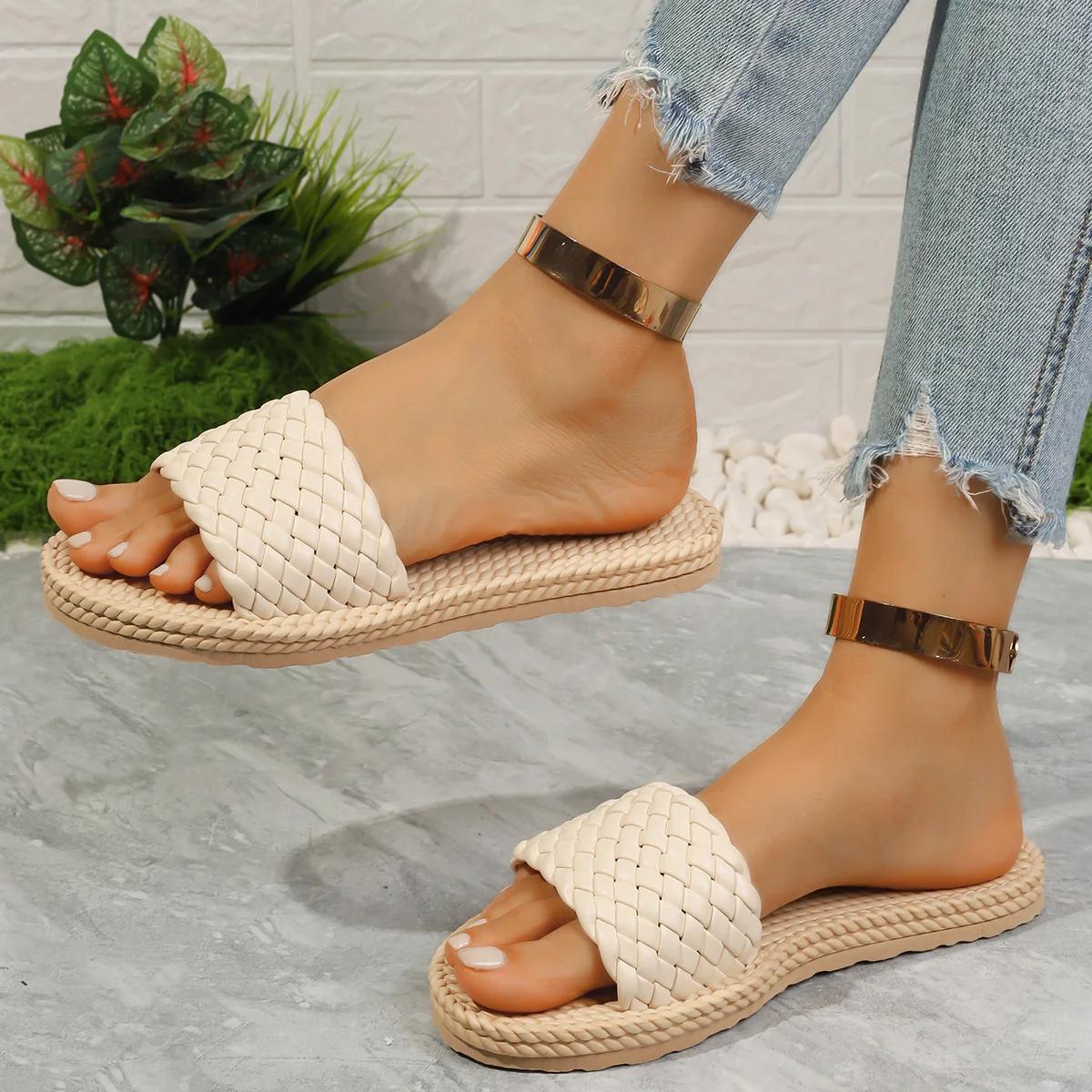 

Fashion Fashion Braided Summer Slippers for Women Plus Size Solid Color Woven Flat Sandals Woman Lightweight Non Slip Beach Flip Flops 43 бежевый