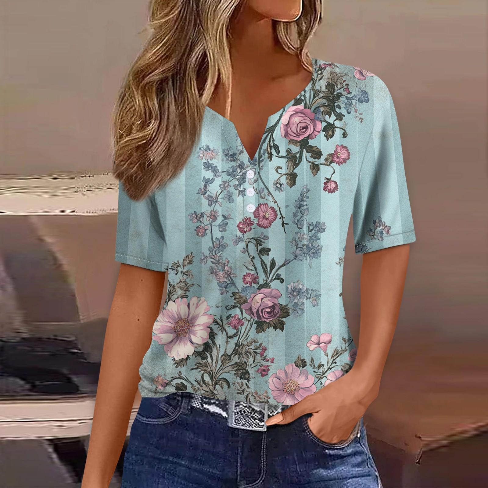 

Жен. Футболка Футболка С принтом Пуговицы С короткими рукавами Повседневные Выходные Мода Классический V-образный вырез Обычный Верх XXL