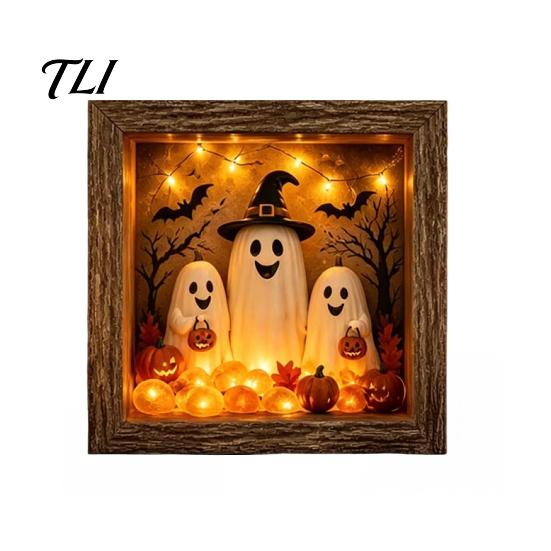 Tabletop Home Accent DIY Lighted Halloween Ghost Shadow Box Kit, Wooden Frame LED Warm Light, Gothic Crystal Glass Display Case Memory with