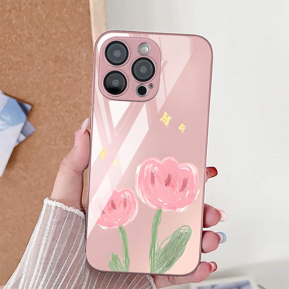 Cute Flower Phone Case For iPhone 17 14 15 13 11 12 16 Pro Max 17 Air 16E SE XR 7 8 Plus Tempered Glass Shockproof Bumper Cover