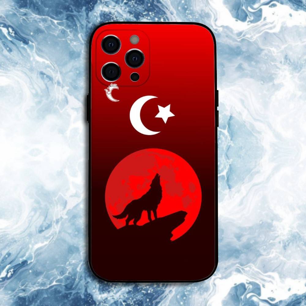 Turk Wolf Turkey Flag Phone Case For iPhone17,16,15,14,13,12,11 Plus,Pro Max, Soft Silicone Black Cover