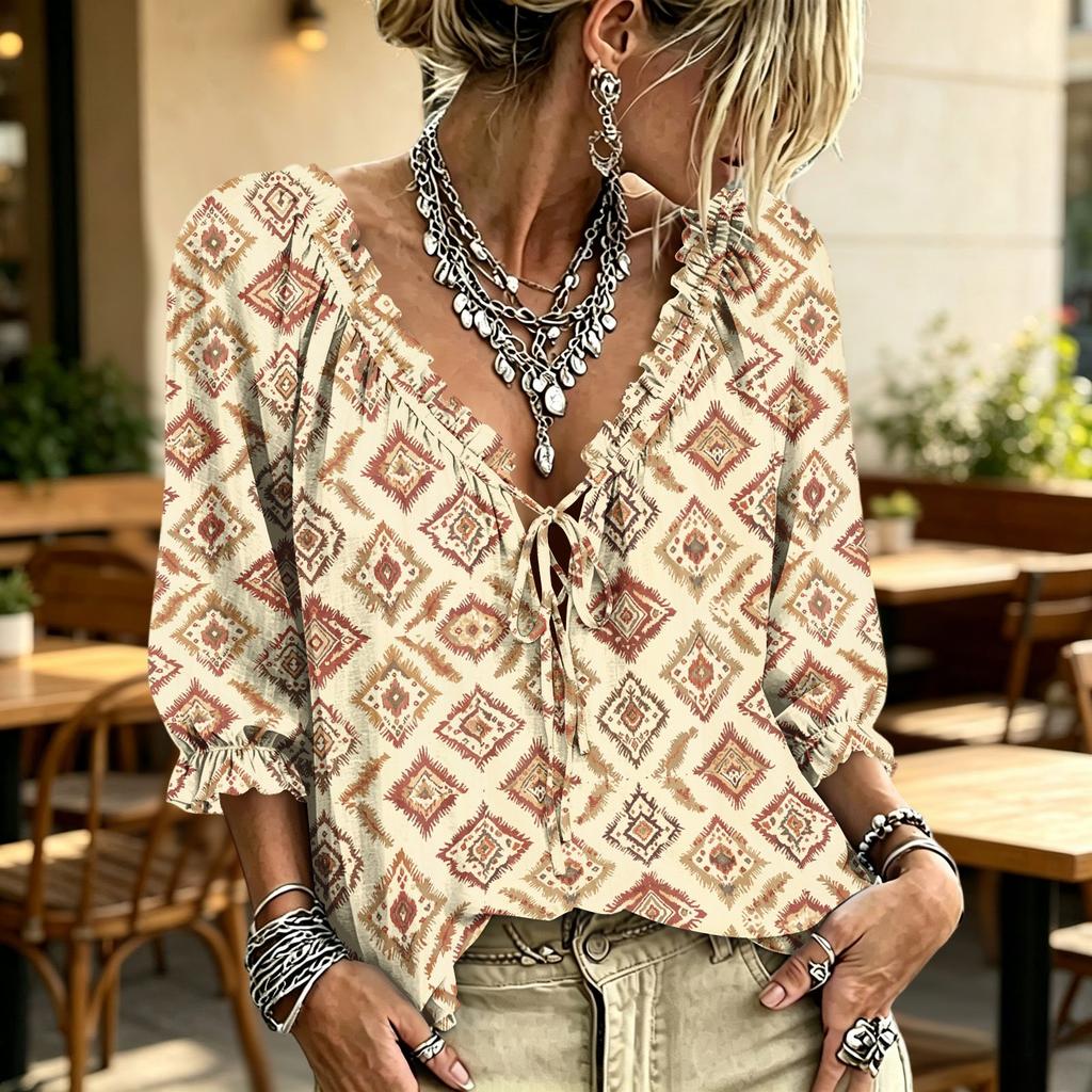 Women's Casual Printed V-Neck Ruffle Tie Blouse