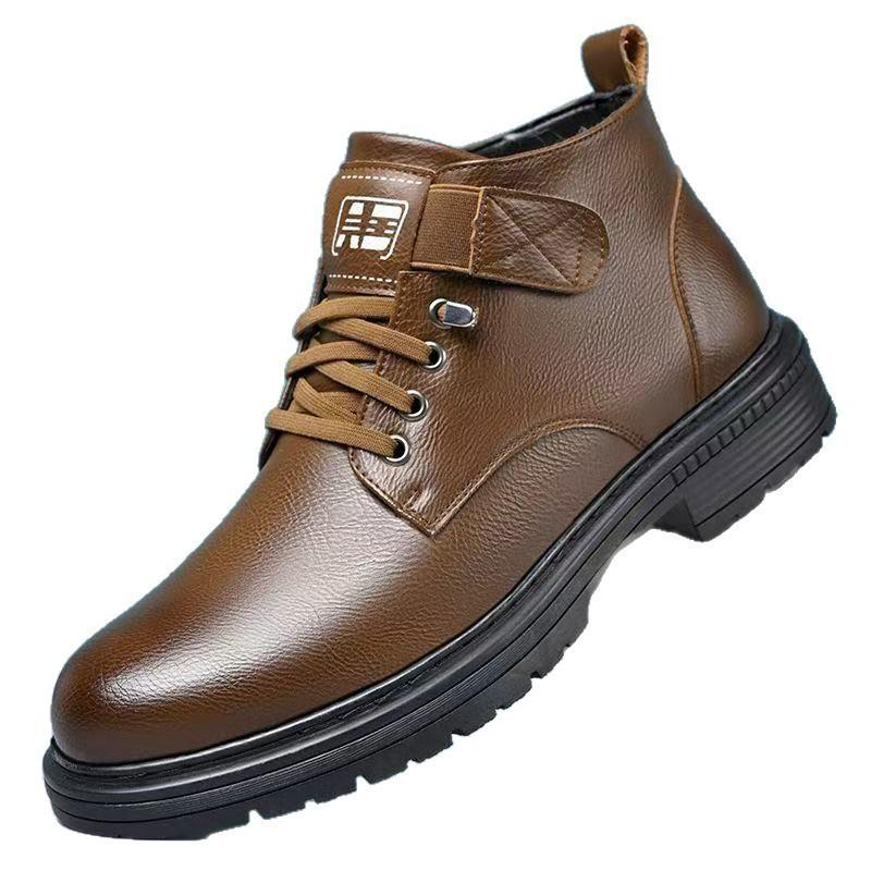Winter men's leather shoes with fleece and thickened warm cotton shoes with soft soles for casual high-top martin boots