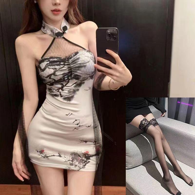 Large size temperament retro ink printing tube top hip skirt women's improved cheongsam slim mesh stitching neck dress