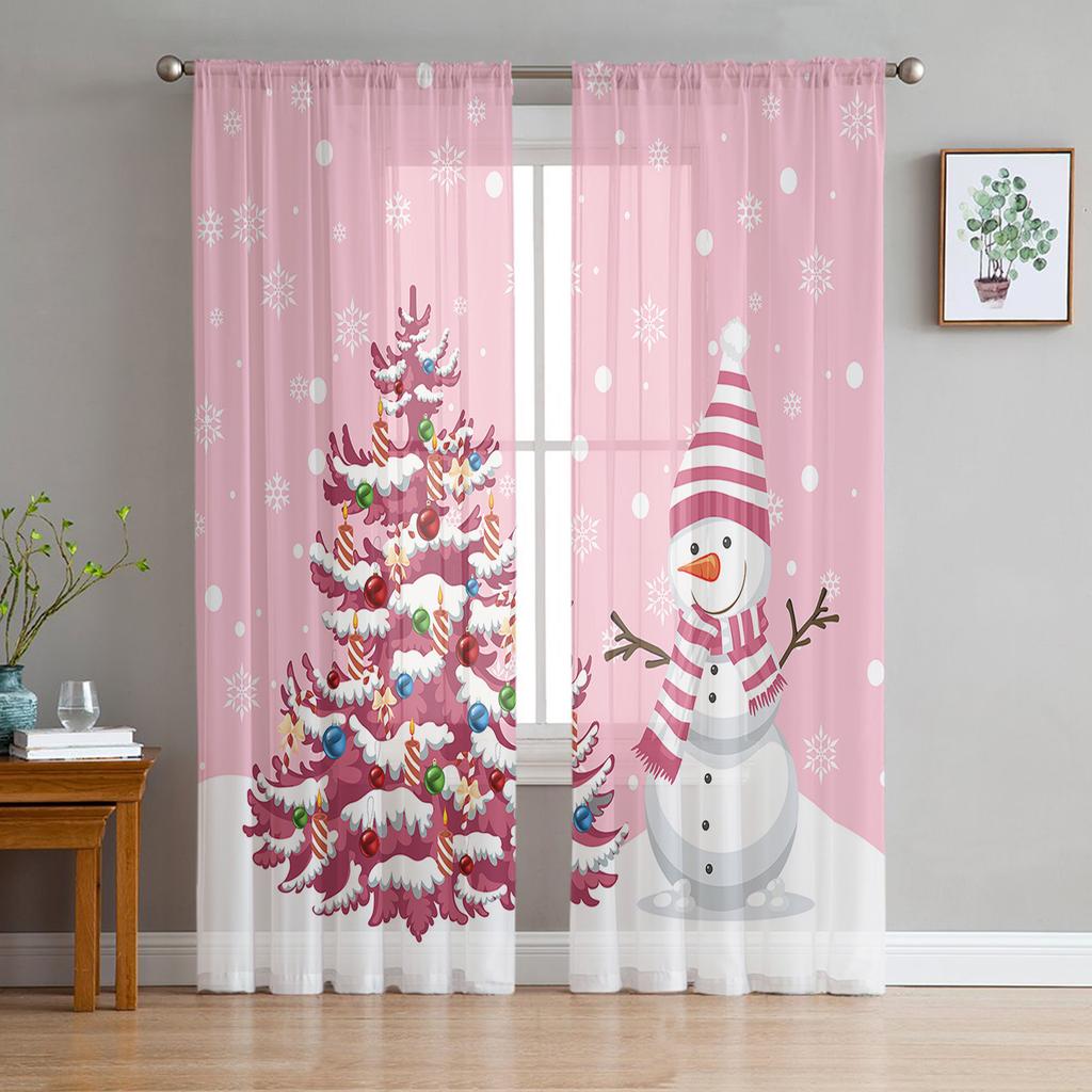 Rosa Weihnachtsbaum Schneeflocke Weihnachtsmann Tüllvorhänge für Wohnzimmer Schlafzimmer Dekor Chiffon Transparent Voile Küchenfenstervorhänge