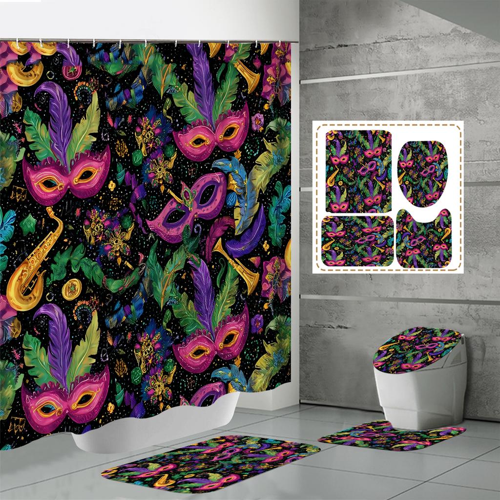 4 STÜCKE Duschvorhangsets Mit Duschvorhang Und Teppichen Toilettendeckelteppich U-Form Matte Und Badematte Badezimmerset Mit 12 Haken