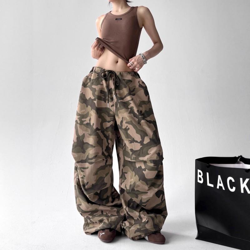 Womens Vintage Camo Cargo Pants High Waist Loose Wide Leg Casual Trousers