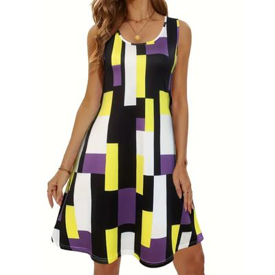 Tankkleid mit Rundhalsausschnitt und Geo-Print, lässiges ärmelloses A-Linien-Kleid für Frühling und Sommer, Damenbekleidung