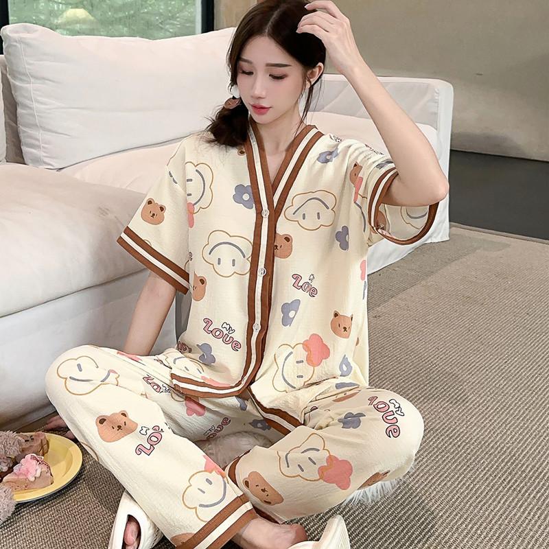 Thin, loungewear bubble foam, new short-sleeved trousers, women's two-piece pajamas, cardigan can be worn outside