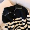 Autumn and winter new lapel sweater women's loose lazy style casual striped half zipper pullover knitted sweater