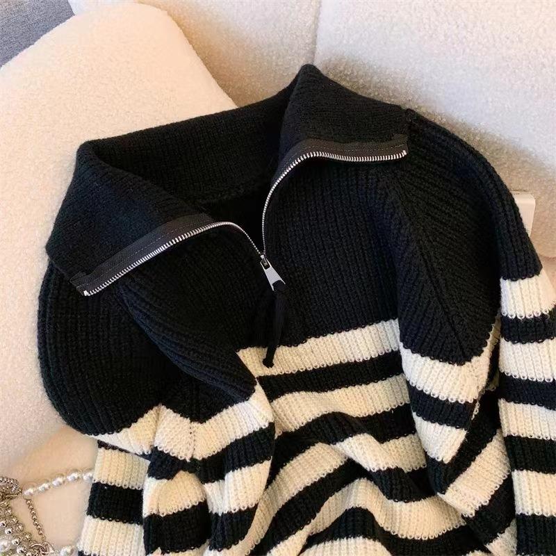 Autumn and winter new lapel sweater women's loose lazy style casual striped half zipper pullover knitted sweater