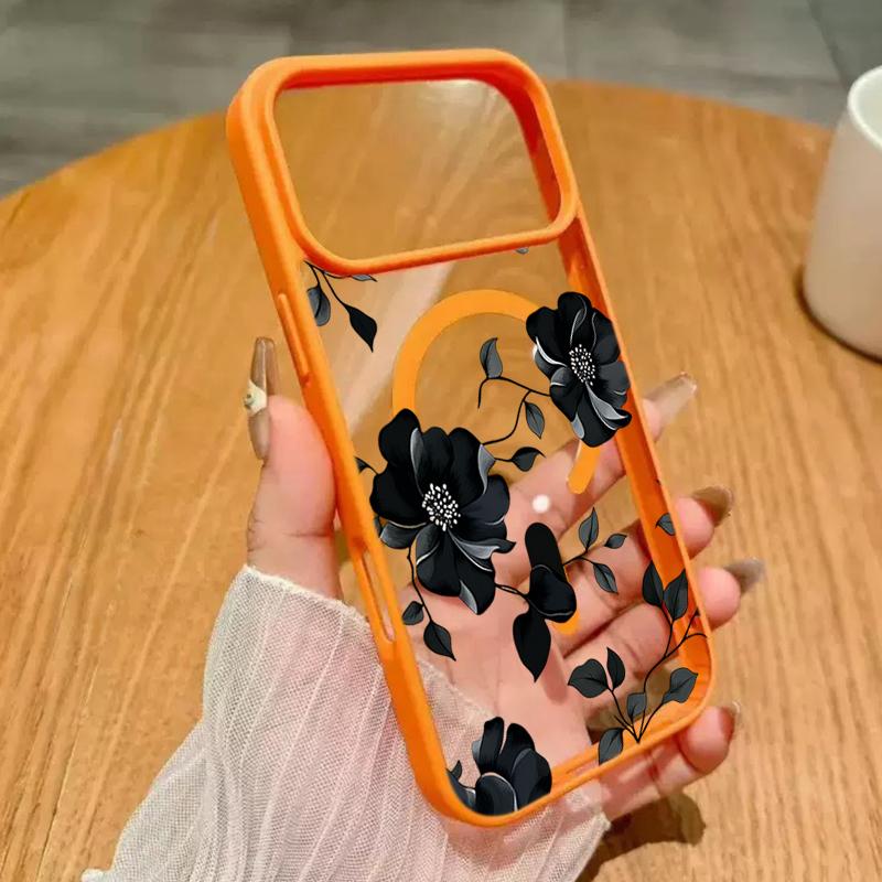Black Floral Pattern Transparent Magnetic Wireless Charging Phone Case For iPhone 17 16 15 Pro Max 14 Plus 13 12 11 17E 17 Cover