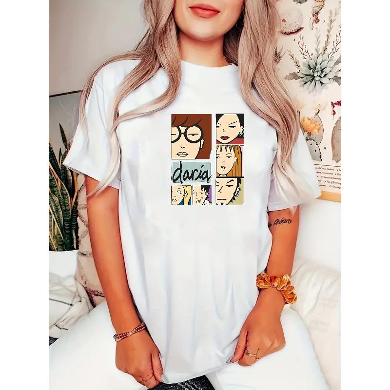 Women Cartoon Print T-Shirt Crew Neck Short Sleeve Lightweight Comfort Summer Casual Top