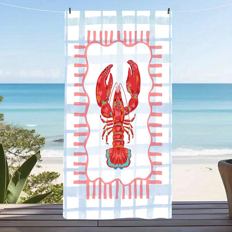 Cute Lobster Print Microfiber Beach Towel Gingham Checkered Bath Towel Aesthetic Coastal Swim Blanket For Beach Vacation