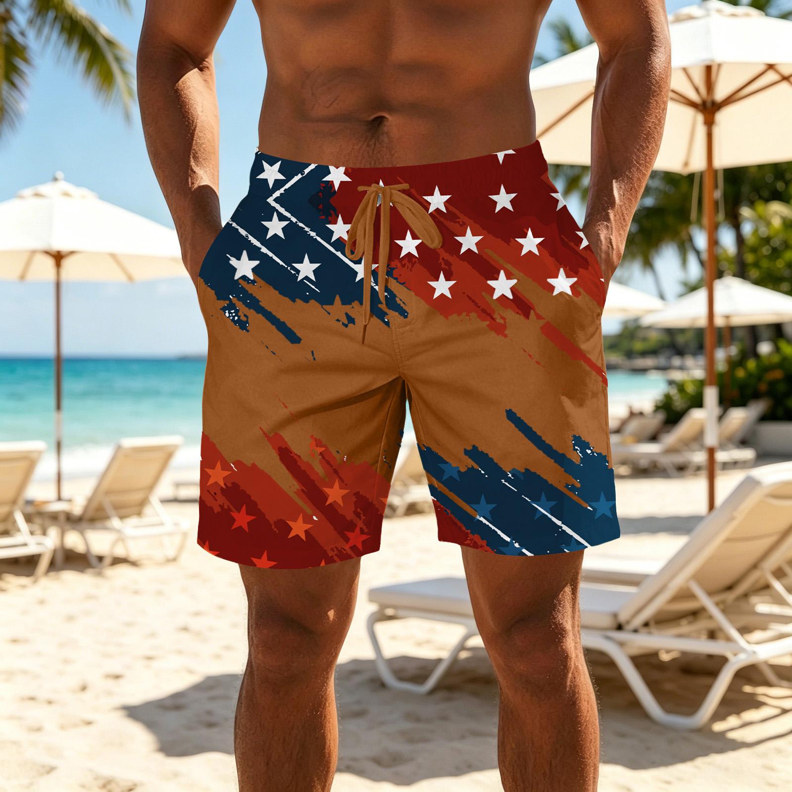 

Men’s Printed Drawstring Waist Casual Athletic Shorts Lightweight Breathable Quick Dry Shorts with Pockets for Summer Sports and Daily Wear M коричневый