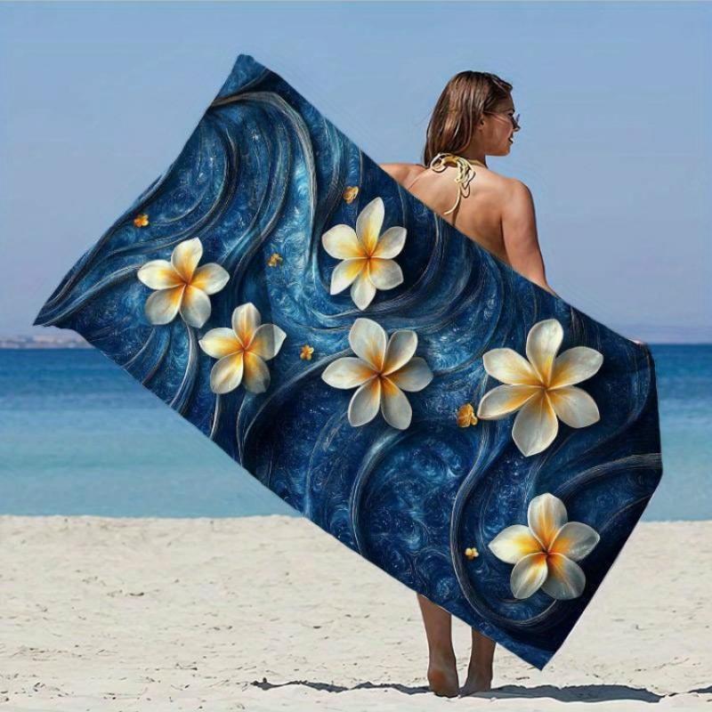 

1pc Quick-Dry Microfiber Beach Towel - Super Soft, Large Blue Waves & White Flowers Design,Multi-Use for Swim,Contemporary Style W30*H60(CM)