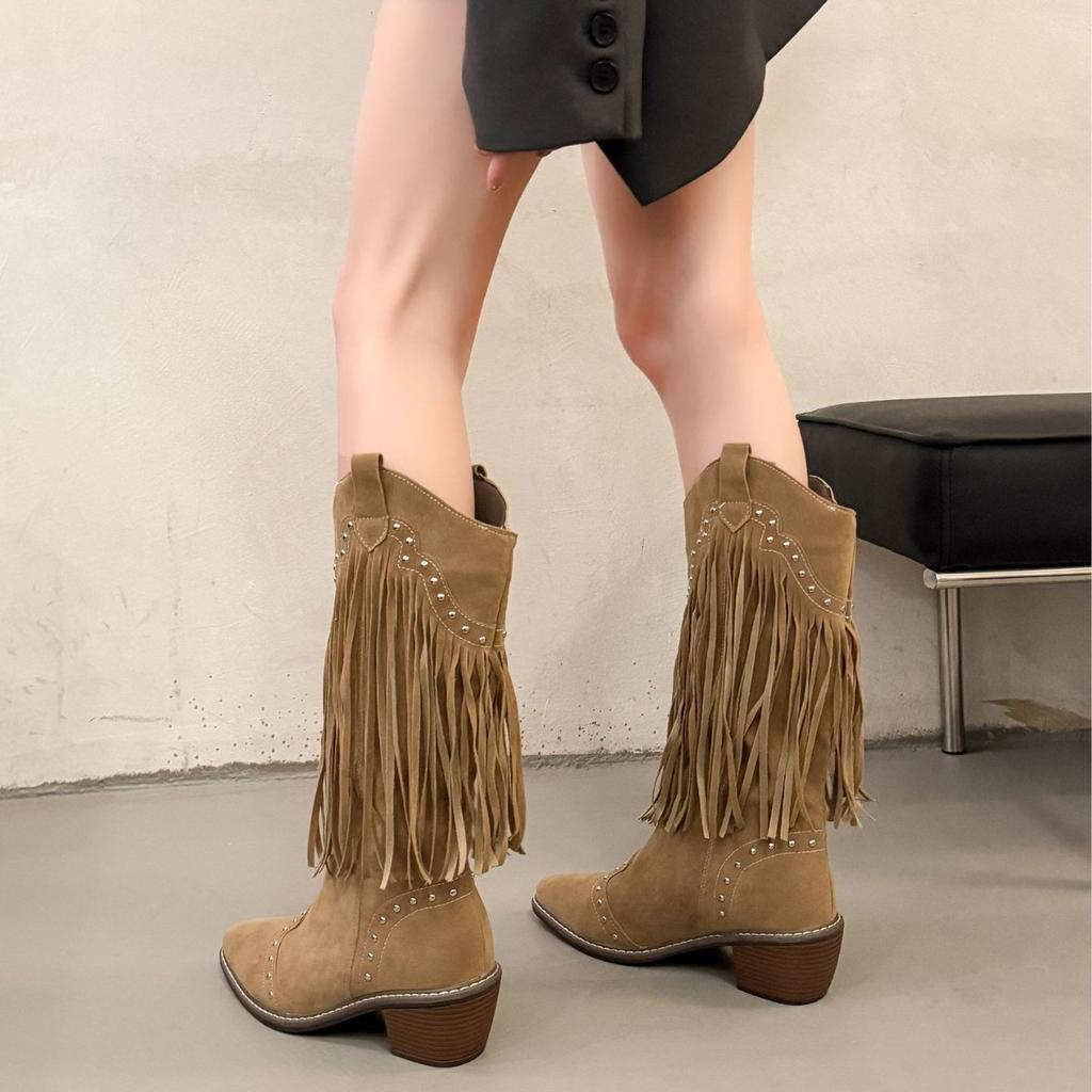 Autumn/Winter Style Pointed Tassel Rider Boots, Chunky Heels, High Heels, Tall Boots With Rivets, V-Neck High-Top Martin Boots For Women