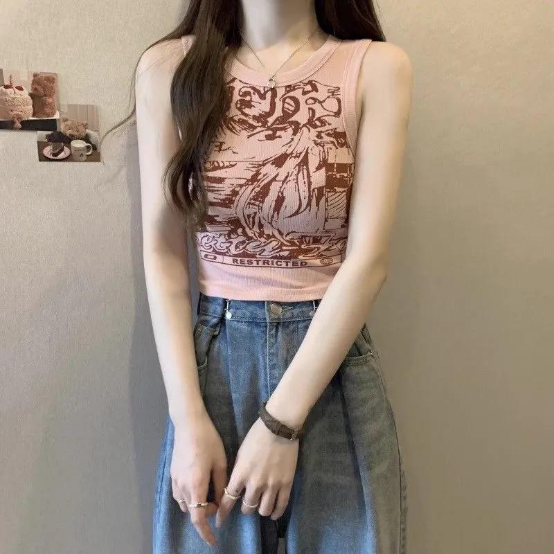 

American Hot Girl Pink Tank Top Female Summer Covering Side Breasts Wide Shoulder Straps Sleeveless Short Slim Top L розовый