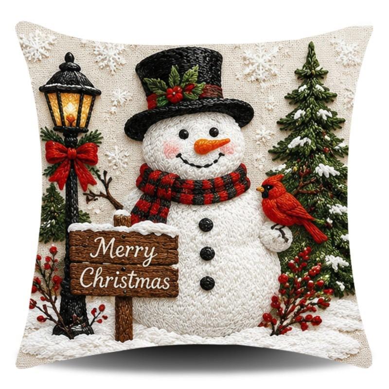 3D Christmas Snow Scene Pillow Cover With Wooden Cabin Red Truck Snowman Wreath Short Plush Square Decorative Cushion Case