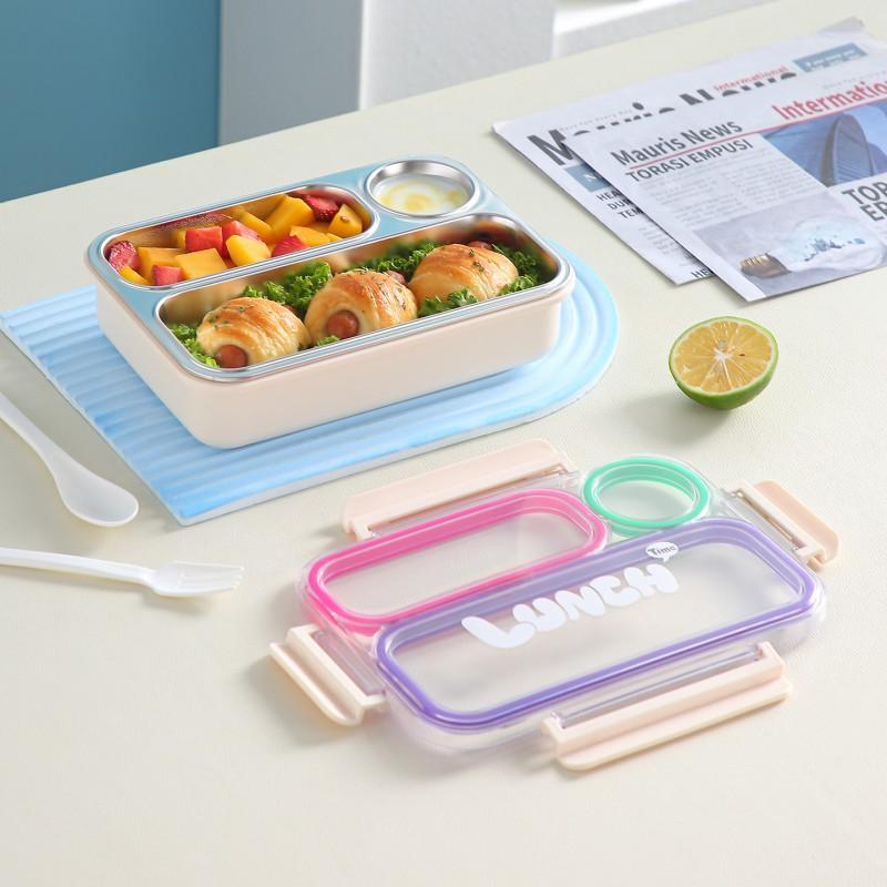 Stainless Steel Lunch Box With 3 Compartment Design Microwave Safe Leakproof Portable Students Office Workers