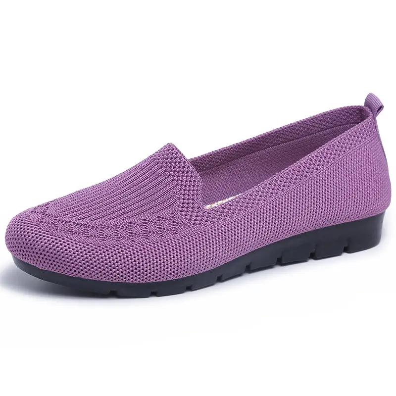 Dames strikkede ensfargede loafers, lette sklisikre flate slip-on sko, avslappede gåsko