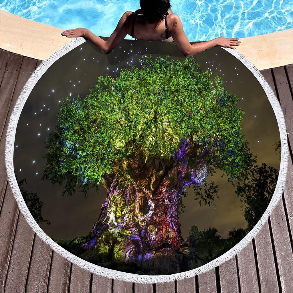 Big Tree Print Round Beach Towels, Polyester Sand Resistant Shawl Beach Blanket,Soft Absorbent Quick Dry Pool Towel Picnic Mat