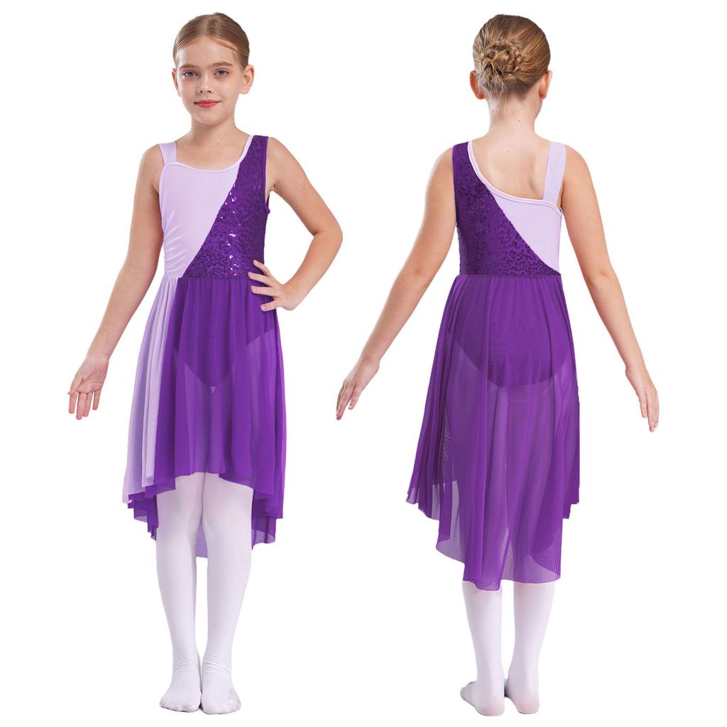 Kids Girls Contrast Color Stylish Sleeveless Round Neckline Shiny Sequins Decorated Irregular Hem Dance Dress
