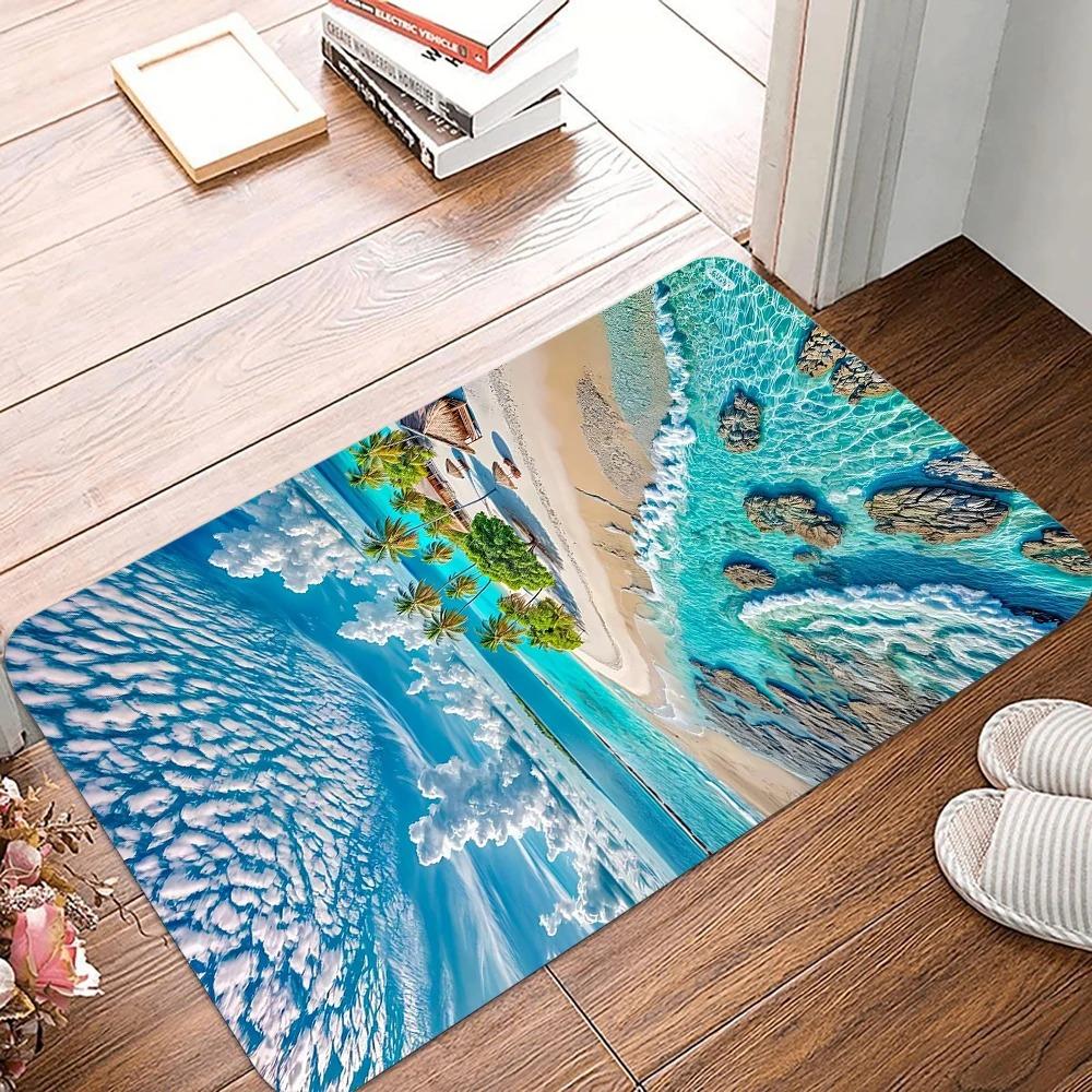 Blue Sky White Cloud Coconut Tree Island Floor Mat Non Slip Entry Rug Living Room Porch Tropical Coast Print Soft Household Mat