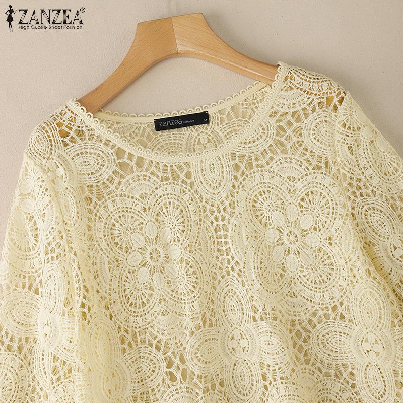 ZANZEA Women Summer Casual 3/4 Sleeve Loose Hollow Out Lace Crochet Blouse