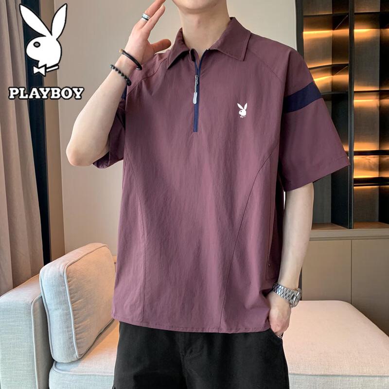 PLAYBOY Men s Ice Silk Half-Zip Polo T-Shirt L