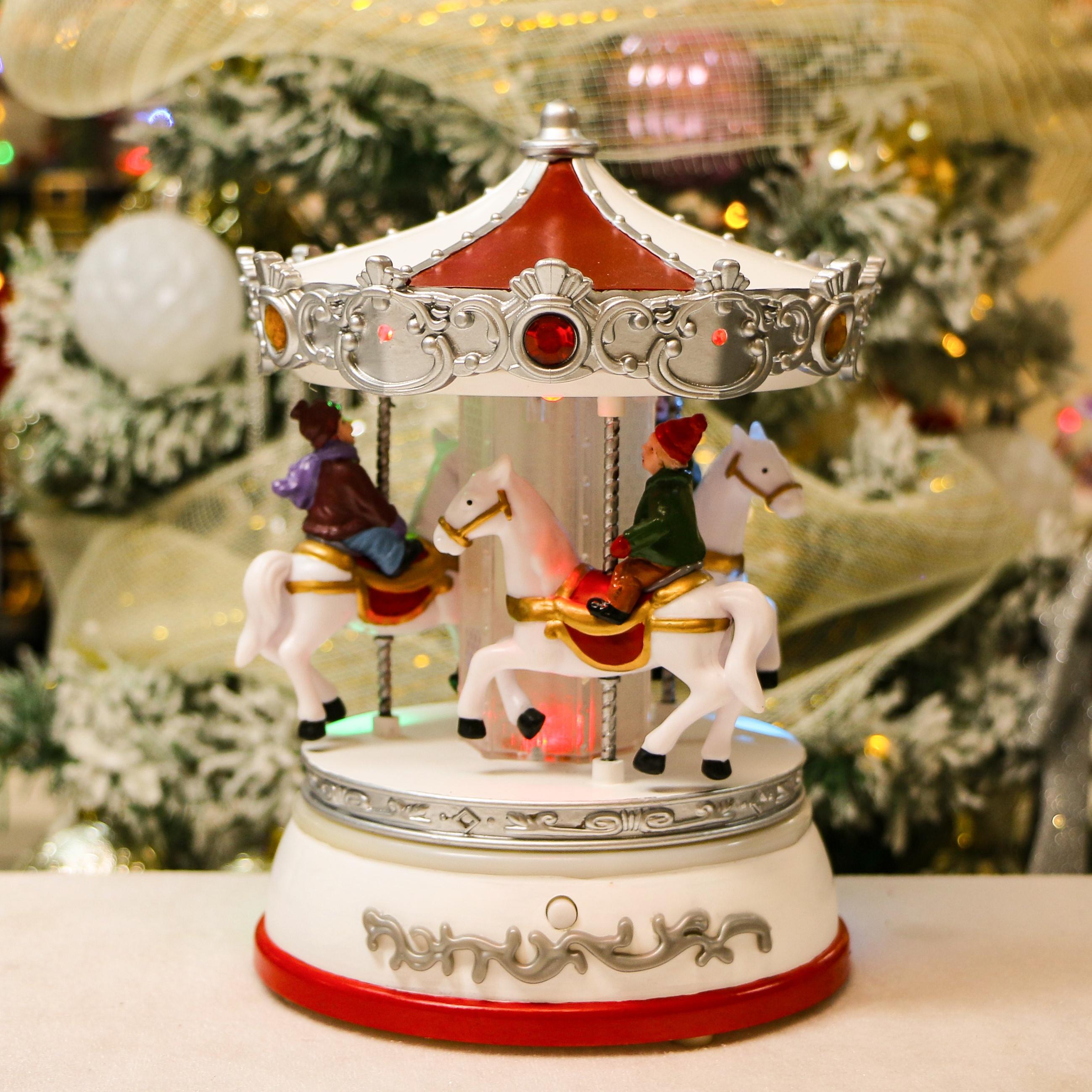 Customizable LED Christmas Carousel Music Box With Rotating Resin Crafts Battery-Powered Mechanical Carousel Horse Decorations 5.12*5.12*7.28in