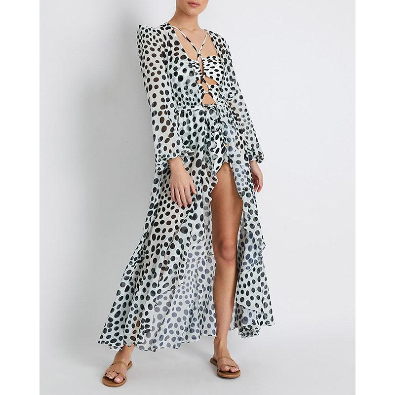 

Европейская и американская блузка с длинным рукавом в горошек, пляжная накидка от солнца S белый