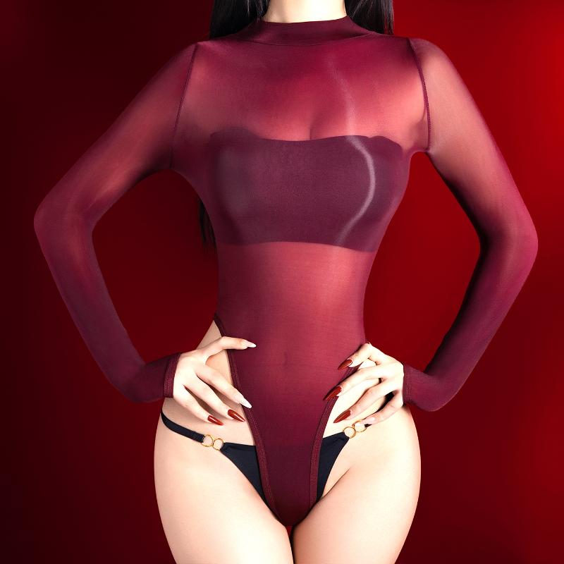 Women Sexy Bodysuit High-Fork Oil Shiny Glossy Five-Finger Swimsuit Ultra-Thin Silky Open Crotch Long-Sleeved Bodysuits