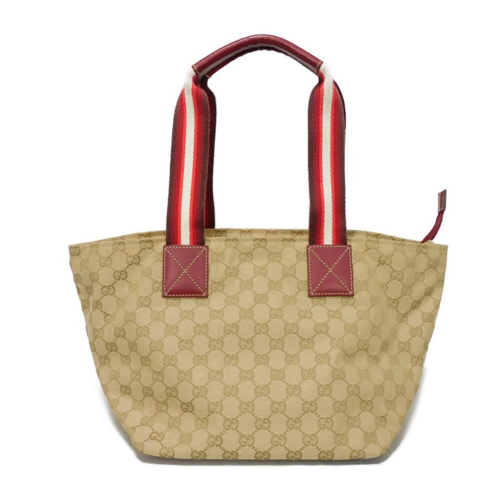 Used 9539 Web Stripe Tote 131230 7924 Logo Embossed Leather Patch Double G Red GG Canvas Beige Unisex from Japan