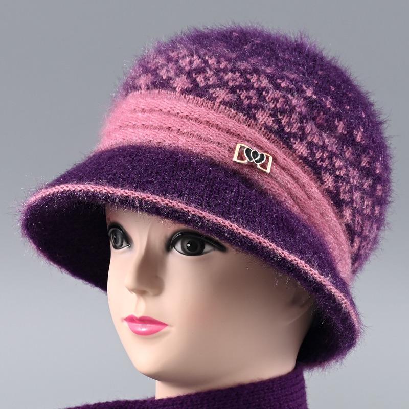 Hat Female Autumn and Winter Rabbit Hair Big Eaves Knitted Hat Old Hat Old Lady Fleece Warm Wool Hat