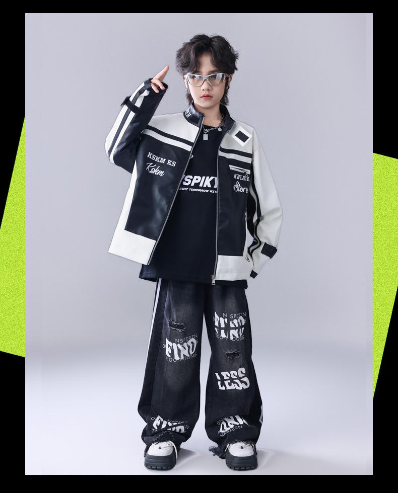 Neujahr Kinder Hip Hop Tanz Outfit - Amerikanische Trendige Lederjacke & Performance Set